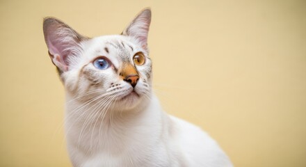 Obraz premium Unique bi-eyed cat with blue and brown eyes against a soft yellow background