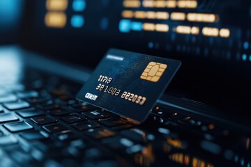 A credit card is displayed on a laptop keyboard