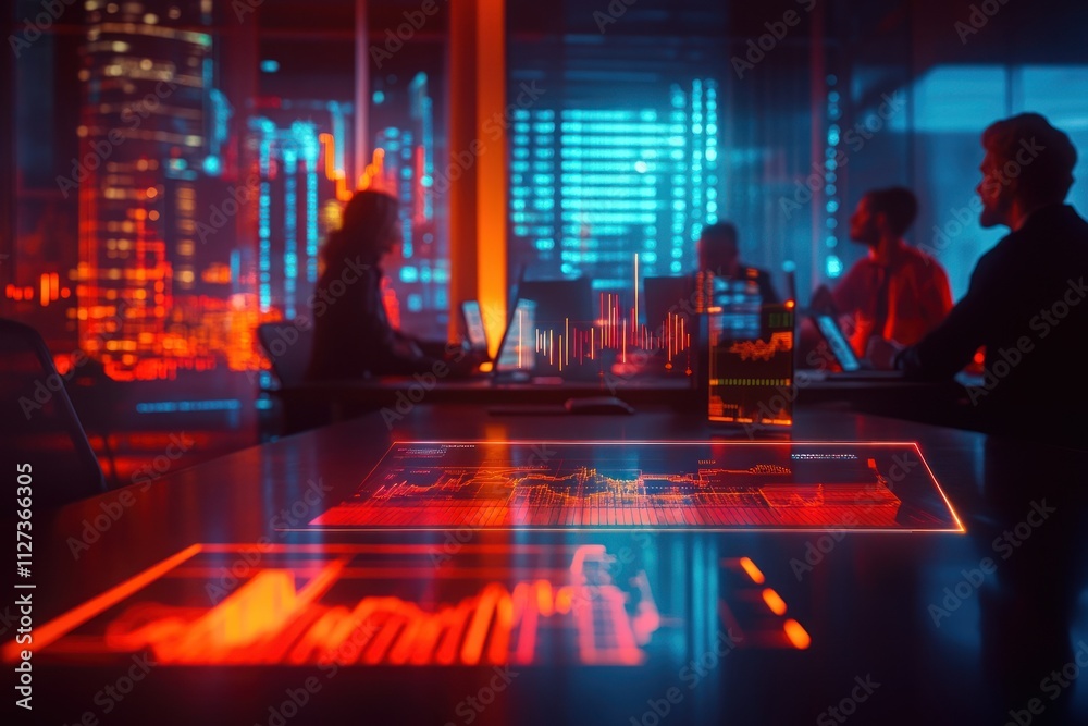 Aufkleber A team collaborates in a modern workspace, analyzing data with digital interfaces.