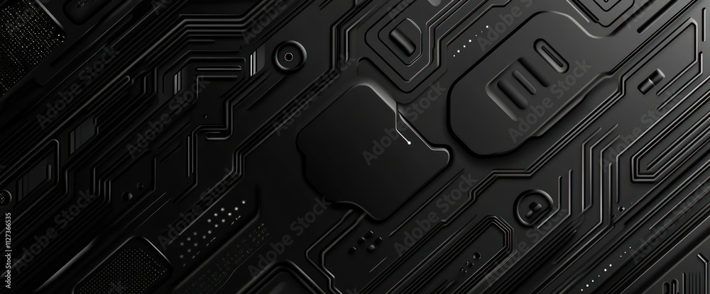 Aufkleber Abstract black circuit board design with intricate patterns and shapes.