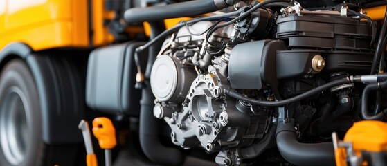 Fototapeta premium Mechanics repair engine durability concept. Close-up of a truck engine highlighting mechanical components and intricate details in a vibrant industrial setting.