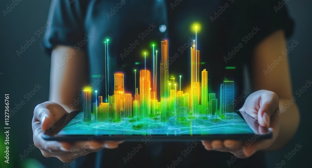 Poster a person holds a tablet displaying a vibrant, futuristic cityscape in 3d.
