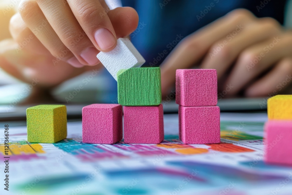 Aufkleber a hand stacking colorful blocks on a chart, symbolizing data analysis and strategy.