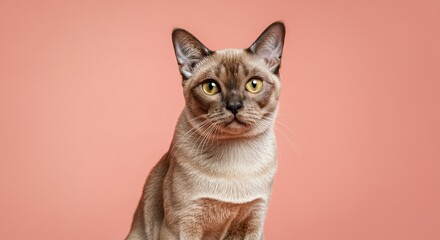 Fototapeta premium Burmese cat with soft brown coat and yellow eyes on a peach background