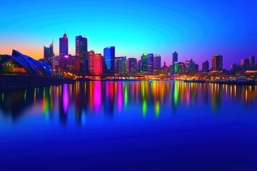 Fototapeta premium Stunning City Skyline at Dusk with Vibrant Neon Colors