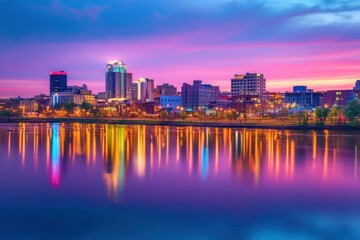Naklejka premium Vibrant City Skyline at Dusk with Neon Reflections
