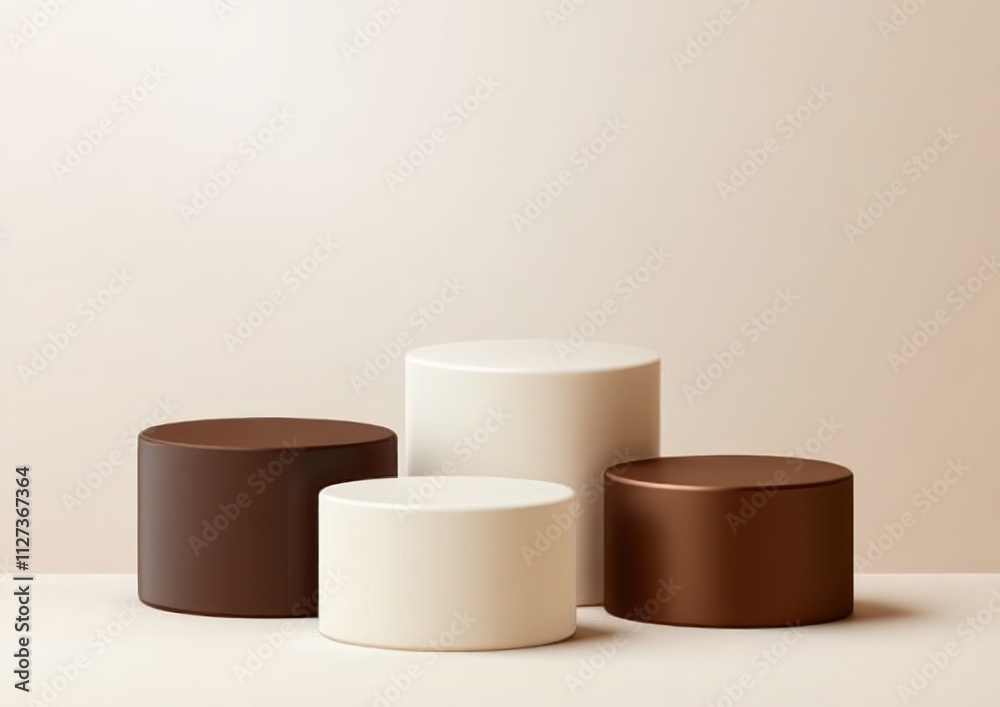 Poster A minimalist arrangement of four cylindrical objects in neutral tones on a soft background.