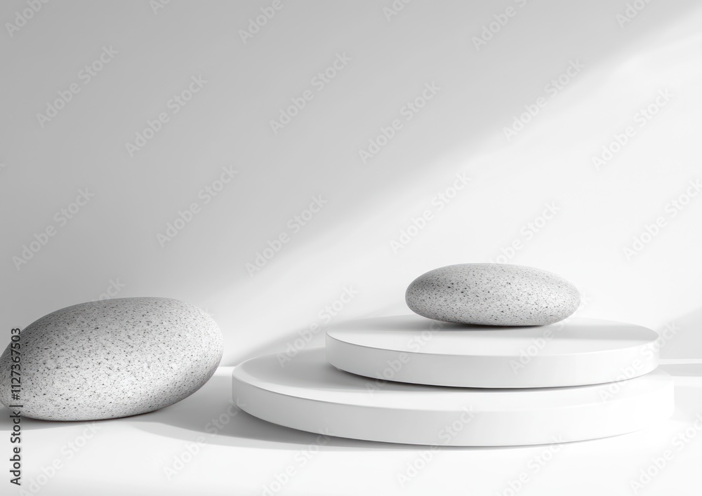 Poster Minimalist composition featuring smooth stones on circular platforms in a bright, modern space.