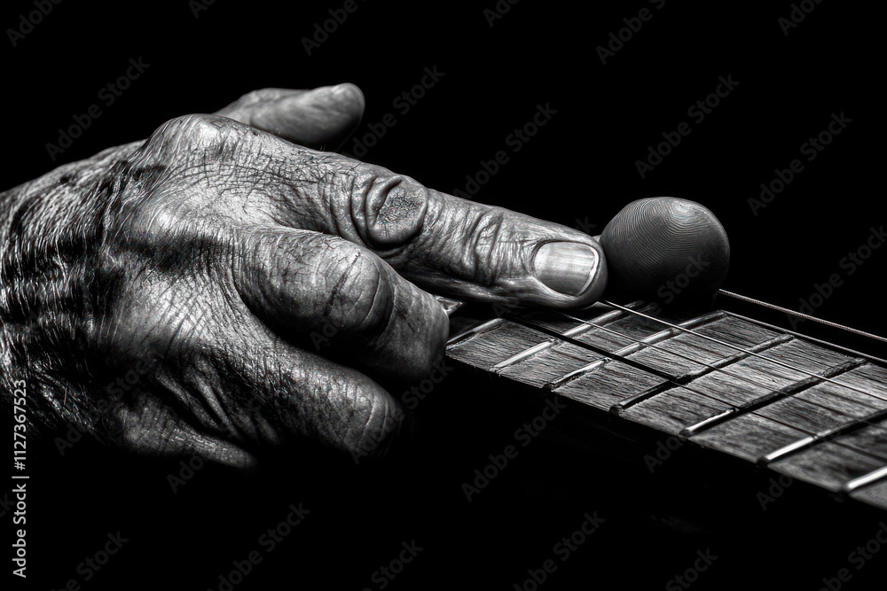 Poster a close-up of a hand playing a string instrument, highlighting artistry and musicality.