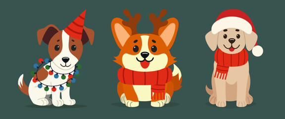 Set of domestic dogs in Christmas costumes. Jack Russell Terrier, Labrador, Corgi. Happy New Year and Christmas concept. Vector illustration