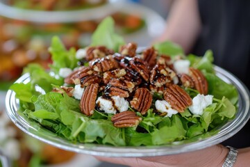 A salad with nuts and cheese is being held by a person