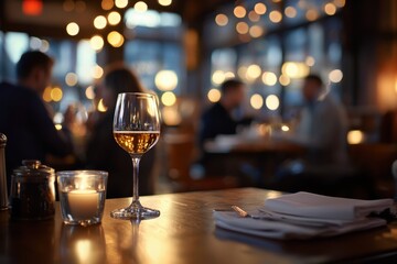 A candle is lit on a table with a wine glass and a napkin