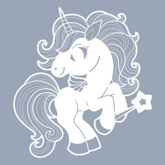 Cute unicorn with a magic wand. Template for laser cutting from paper, cardboard, wood, metal. For printing, stencils, engraving, silkscreen printing, New Year's decorations, decor, etc. Vector