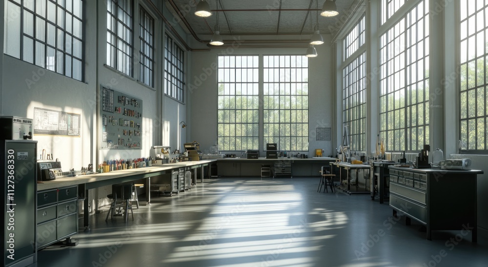 Poster A spacious workshop with large windows, equipped for various projects and experiments.