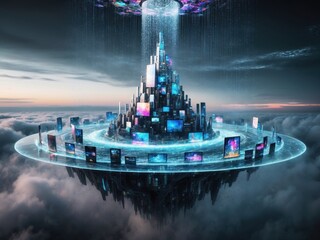 Fototapeta premium Futuristic floating city with holographic projections and digital raindrops in an iridescent mist