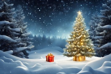 Obraz premium Christmas Tree On Snow At Night With Shiny Star And Gift Boxes In Winter Forest - Winter Abstract