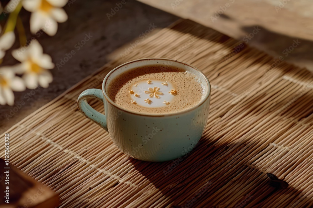 Poster a cup of coffee sits on a textured surface, illuminated by soft natural light.