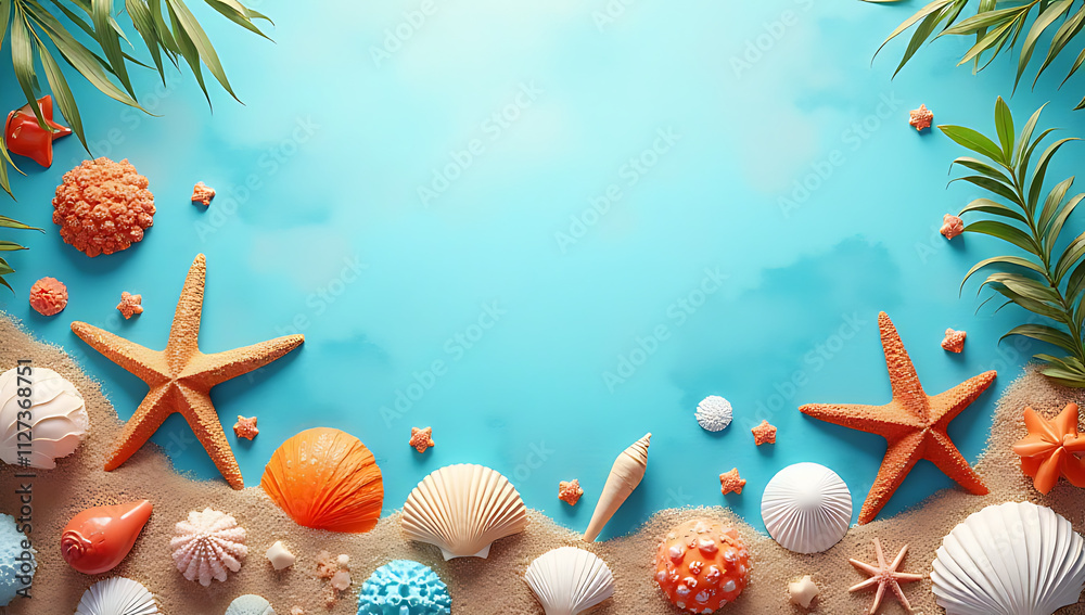 Poster summer vibes abound in this abstract design featuring seashells, starfish, and beach decorations aga