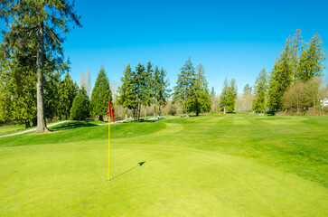 Golf course with gorgeous green and pond.