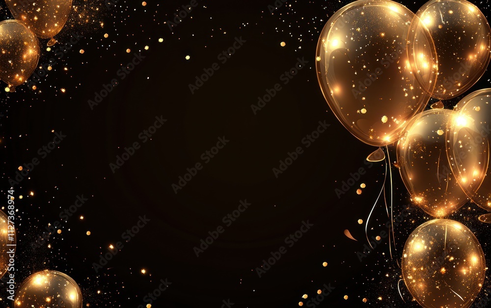 Aufkleber a festive background featuring golden balloons and sparkling elements on a dark backdrop.