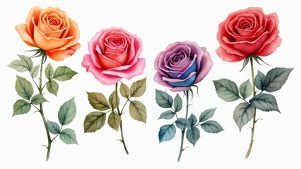 Set of four different colors roses on white background, watercolor illustration.
