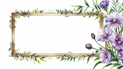 Framing purple flowers on white background with copy space; watercolor illustration