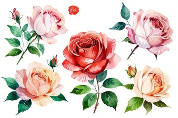 Set of four different colors roses on white background, watercolor illustration.