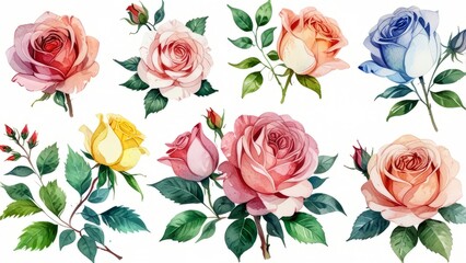 Set of four different colors roses on white background, watercolor illustration.