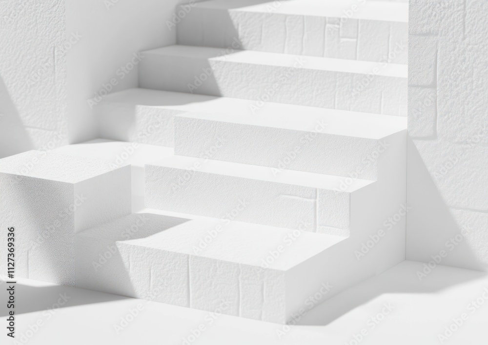 Poster a minimalist white staircase with textured surfaces and soft shadows.
