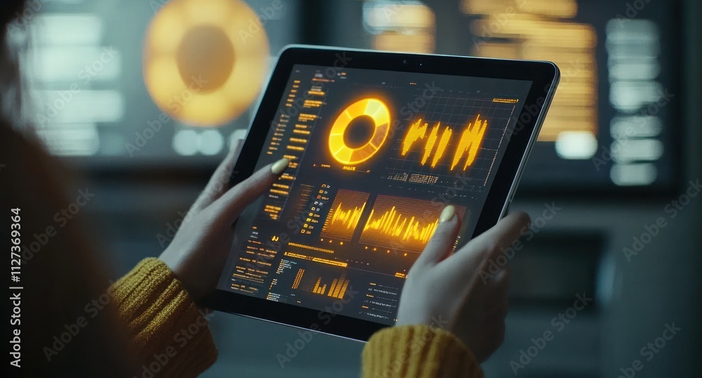 Poster A person using a tablet displaying data visualizations and analytics in a tech-focused environment.