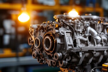 Fototapeta premium Mechanics repair engine durability concept. Close-up of a detailed engine in a workshop setting with warm lighting illuminating the mechanical parts.