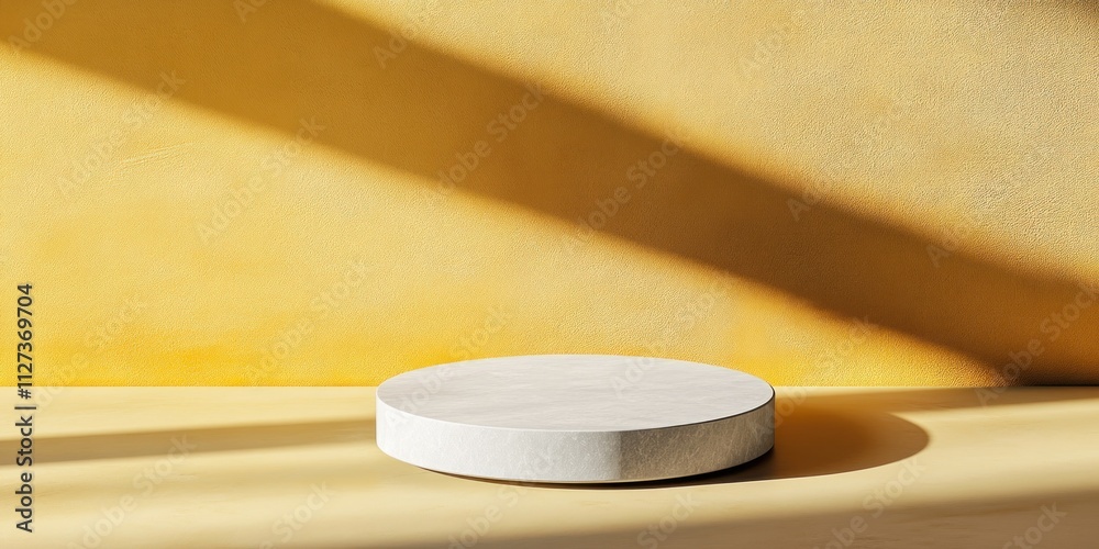 Poster A minimalist display platform against a yellow wall, emphasizing simplicity and design.