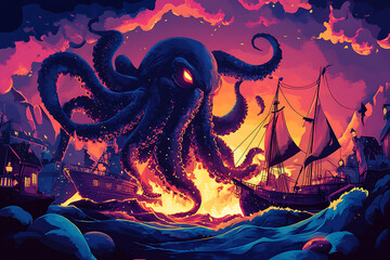A mythical octopus rises from the sea, threatening ships under a dramatic sunset sky.