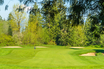 Golf course with gorgeous green and sand bunker