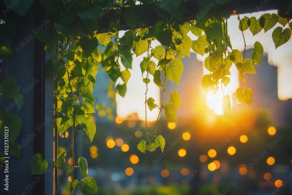 Poster lush green leaves framing a sunset with bokeh lights in the background.