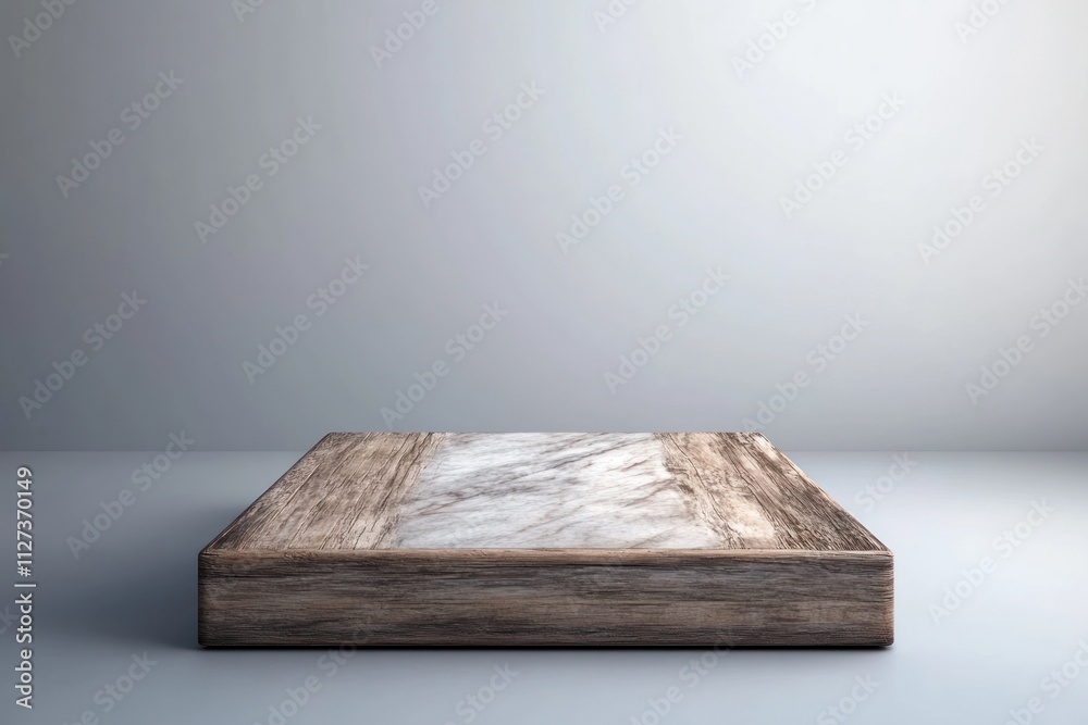 Poster A minimalist wooden platform with a marble surface against a soft gradient background.