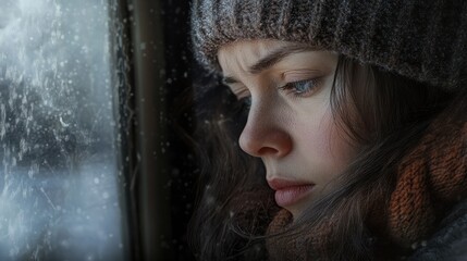 Winter depression - seasonal affective disorder mental health woman sad comtemplative looking out the window alone.