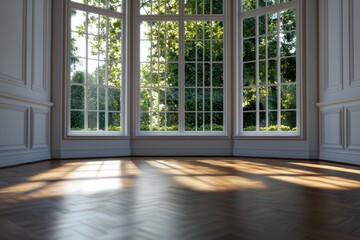 Fototapeta premium A large room with a view of trees and a window