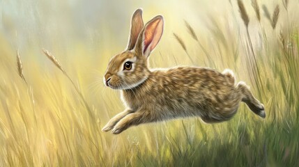 Fototapeta premium Brown Rabbit Leaping Through Golden Grass in a Sunny Meadow