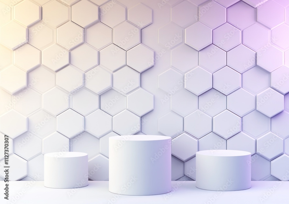 Poster A minimalist display with three white pedestals against a hexagonal patterned wall.