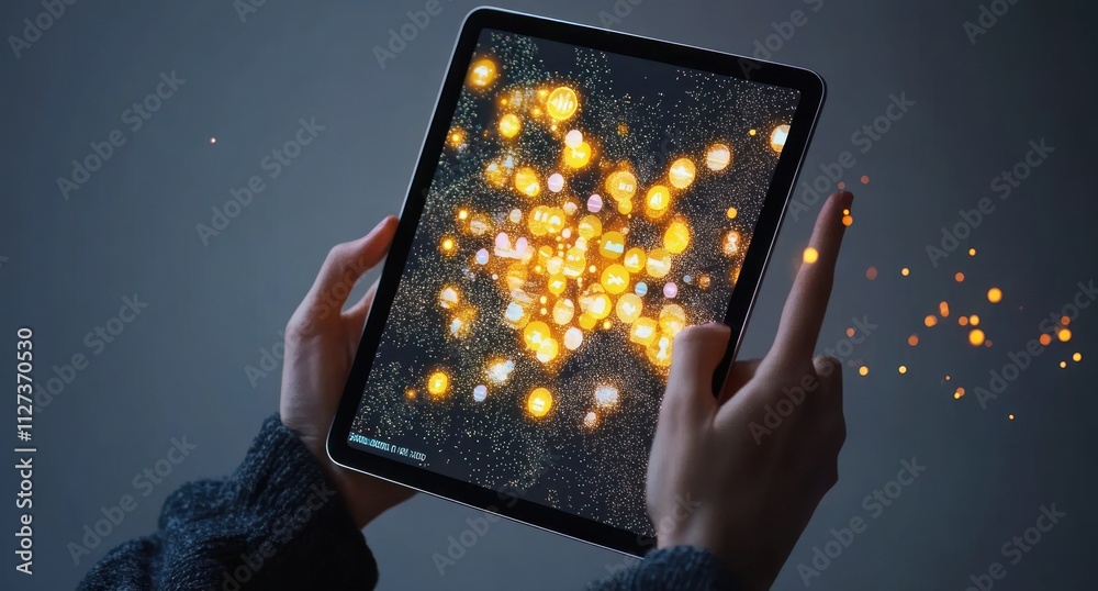 Aufkleber A person interacting with a tablet displaying vibrant, glowing particles in a dark setting.