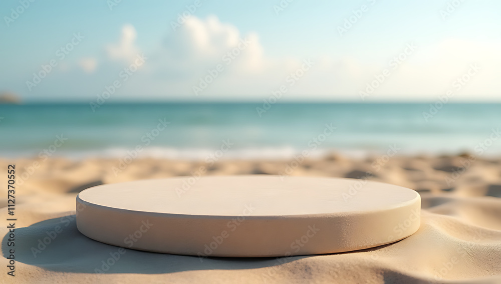 Poster Sandstone product display platform features a podium stand and presentation on a sandy beach background with selective focus._00001_
