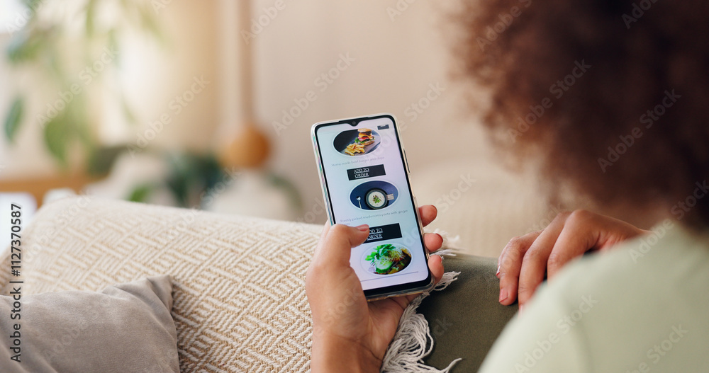 Aufkleber Phone, app and hands of woman at home with online order, shopping and digital scroll. Mobile, ads and e commerce with web store, technology and internet search for product purchase on screen