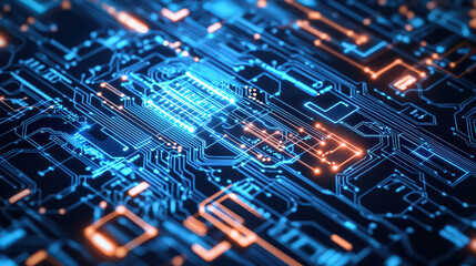 Futuristic circuit board design with glowing blue and orange lines, showcasing intricate patterns and connections. Ideal for technology and digital themes