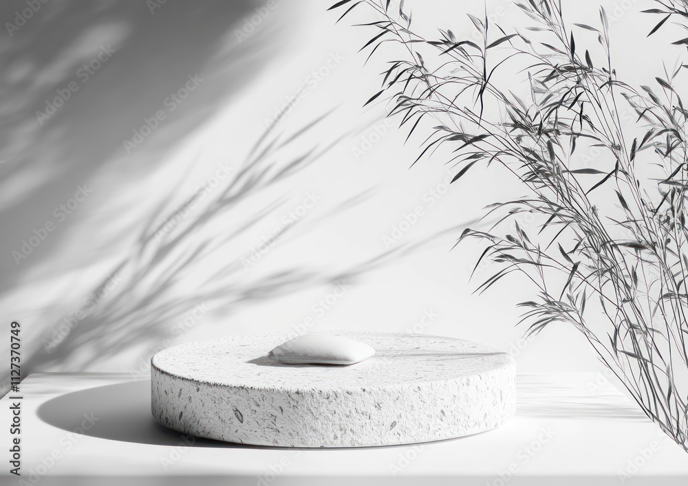 Aufkleber Minimalist composition featuring a circular stone object and bamboo, emphasizing tranquility.