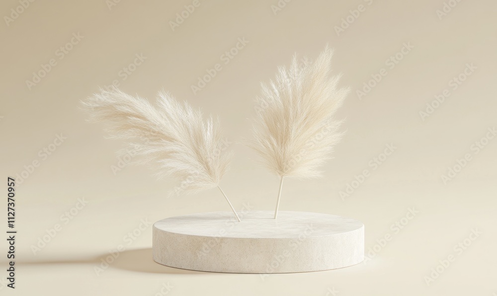 Poster Two soft, white pampas grass stems arranged on a minimalist circular base against a neutral background.