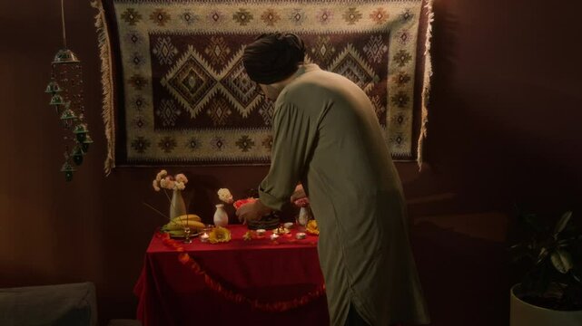 Medium long shot of Indian man in traditional turban and kurta coming to home Hindu altar and decorating it with offerings and bell, checking smouldering incense sticks before praying