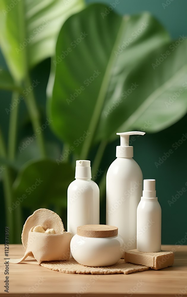 Aufkleber Product display features a wooden counter with summer items arranged atop it against a blurred tropical leaf green backdrop._00002_