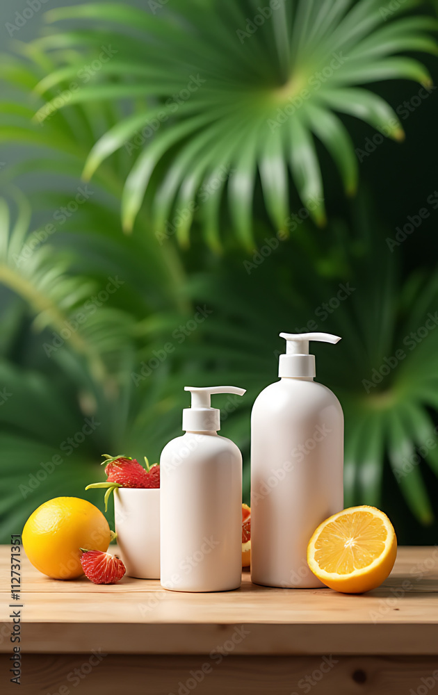 Aufkleber Product display features a wooden counter with summer items arranged atop it against a blurred tropical leaf green backdrop._00001_