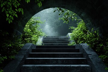 A tunnel with a staircase leading down into a forest